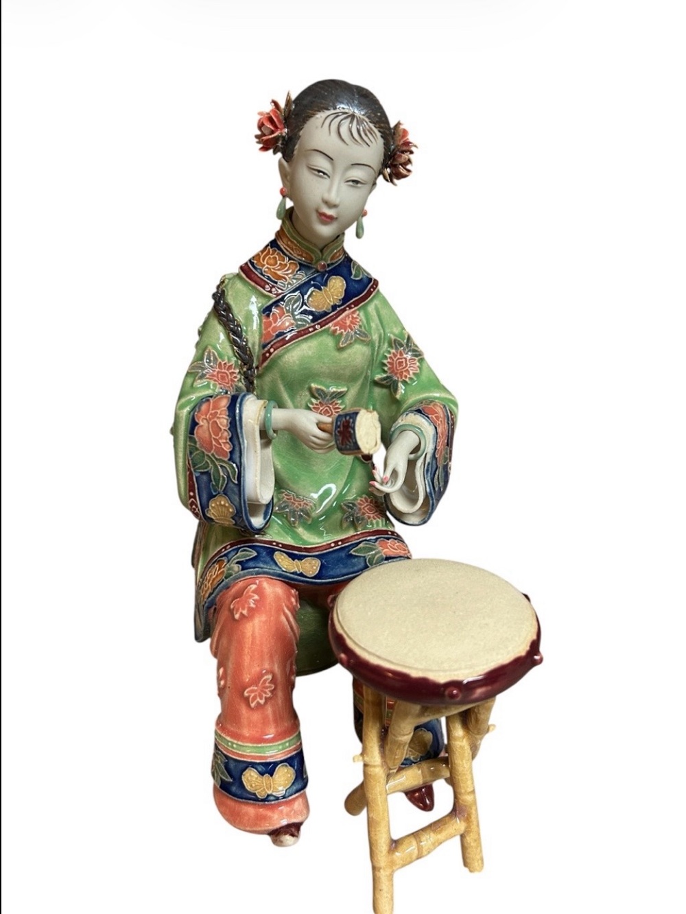 Chinese Porcelain Figurine Lady Playing Drum Vintage Makers Stamp